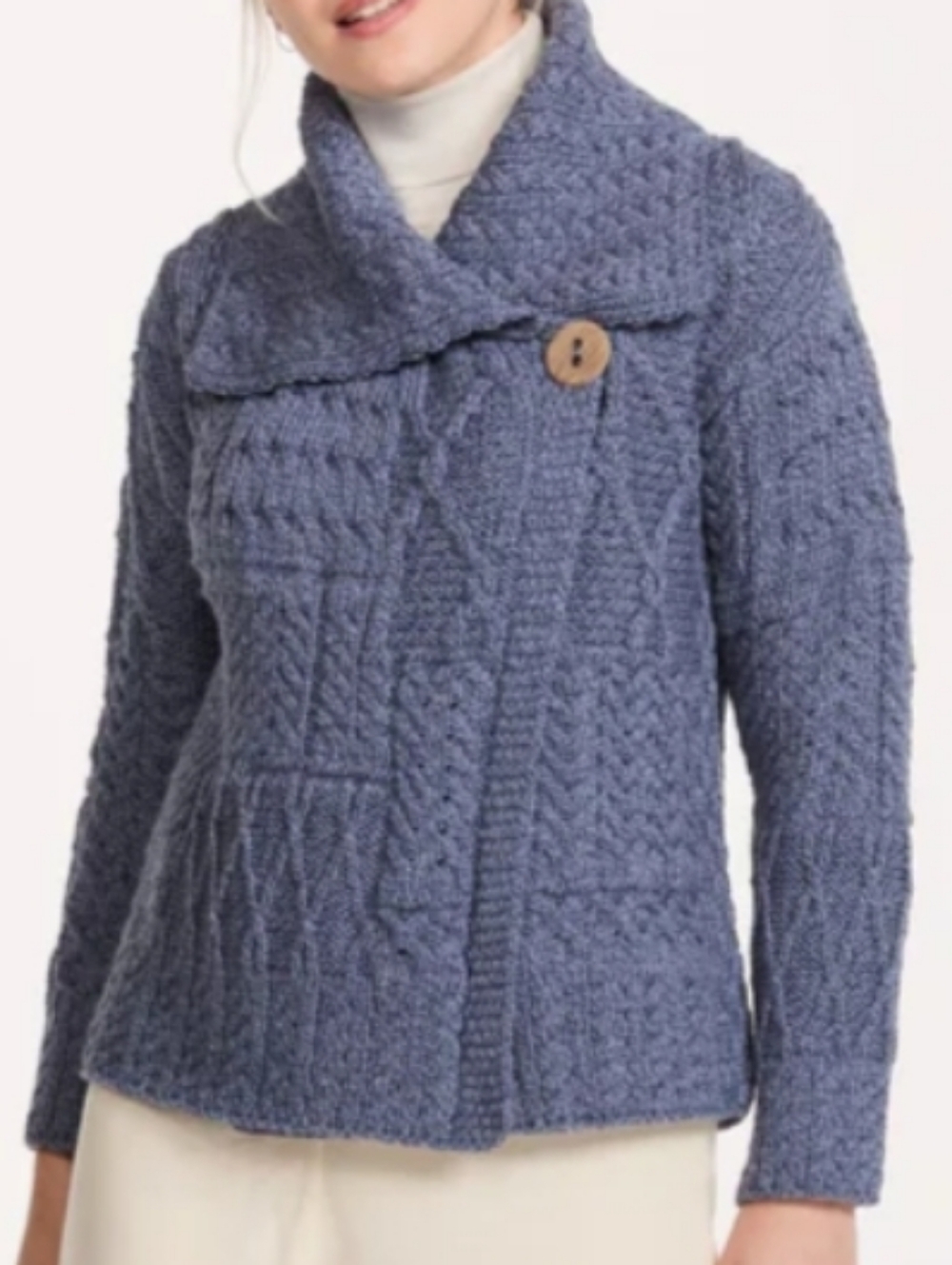 Aran Crafts Deep Blue Textured Cable Cardigan with Shawl Collar